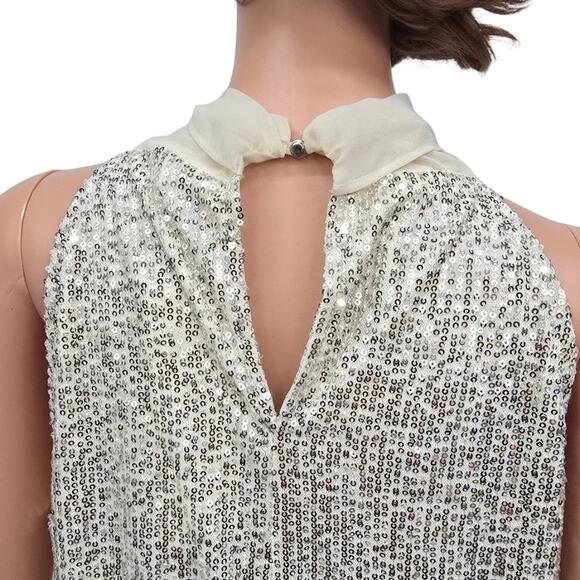 NWT Calvin Klein Sequin Top Blouse Size M Sleeveless Tie Front Halter neck Cream - Picture 9 of 13